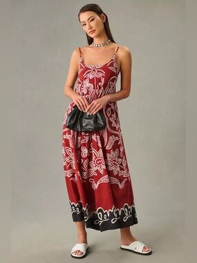 Anthropologie Red Floral Maxi Sundress with Pink Accents